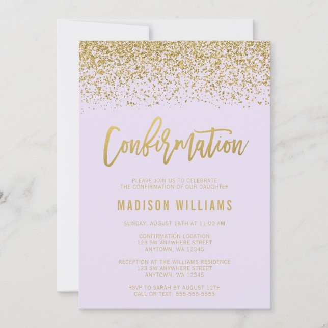 Modern Lavender Faux Gold Glitter Confirmation Invitation (Front)