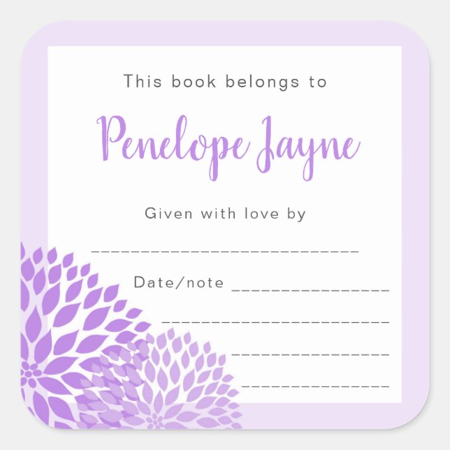 Modern Lavender Floral Bookplate, girl baby shower Square Sticker (Front)