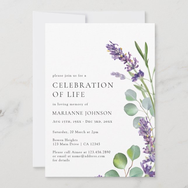 Modern Lavender Floral Celebration of Life Invitation (Front)