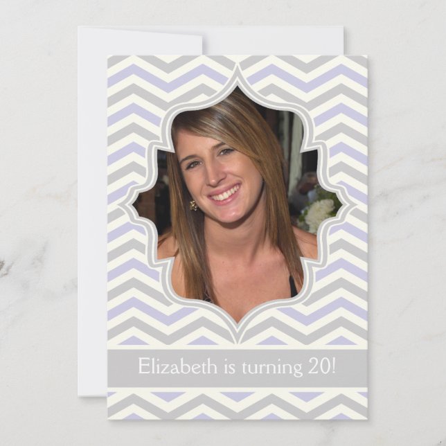 Modern lavender, grey chevron birthday photo invitation (Front)
