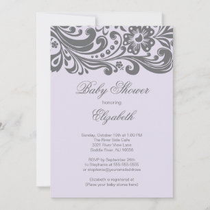 Modern Lavender Grey Floral Swirl Baby Shower Invitation
