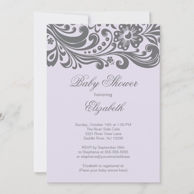Modern Lavender Grey Floral Swirl Baby Shower Invitation (Front)