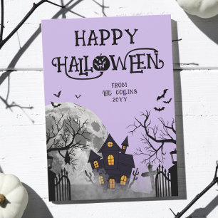 Modern Lavender Haunted House Happy Halloween Holiday Card