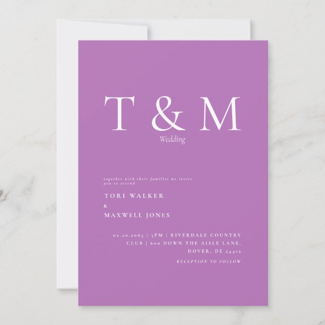 Modern Lavender Monogram No Parents Wedding  Invitation (Front)
