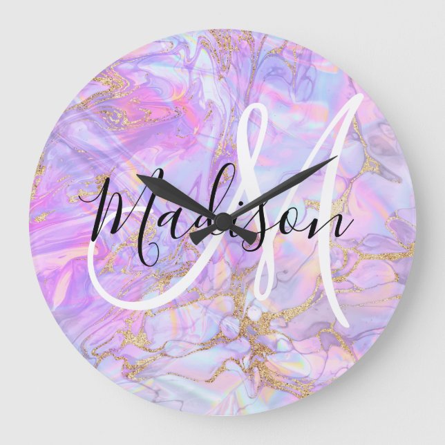 Modern Lavender Pink Marble Gold Monogram Name Large Clock (Front)