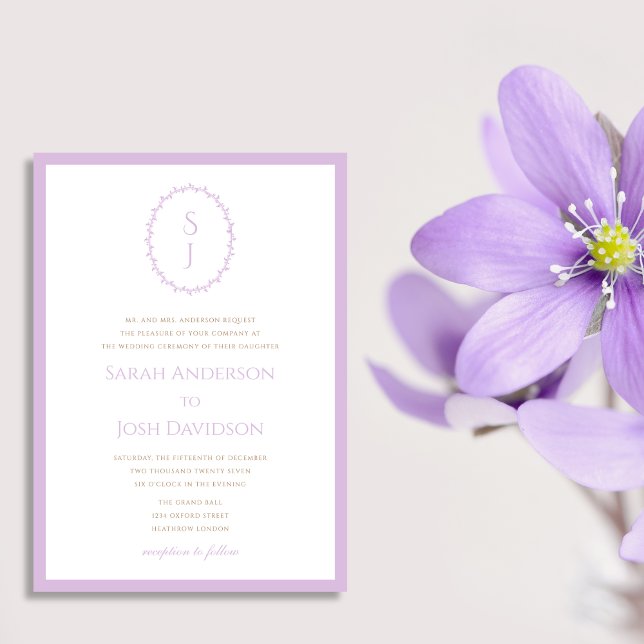 Modern Lavender Purple Classy Monogram  Invitation (Creator Uploaded)