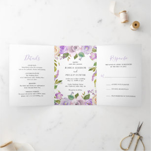 Modern Lavender Purple Floral Elegant Wedding Tri-Fold Invitation