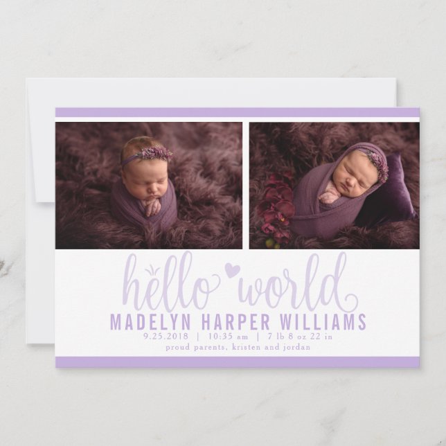 Modern Lavender Purple Hello World Photo Collage Announcement (Front)