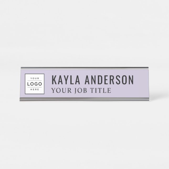 Modern Lavender Purple Personalised Business Logo Desk Name Plate (Front)