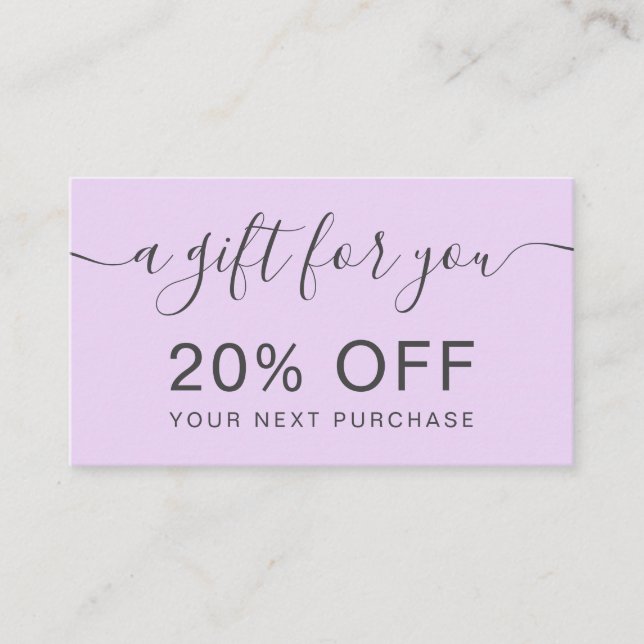 Modern lavender purple professional typography discount card (Front)