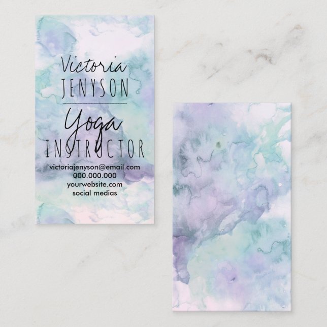 Modern lavender purple turquoise watercolor yoga business card (Front/Back)