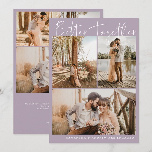 Modern lavender script chic 6 photos engagement announcement (Front/Back)