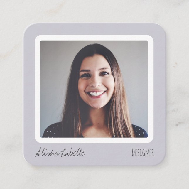 Modern Lavender Social Media Follow Me Photo Square Business Card (Front)