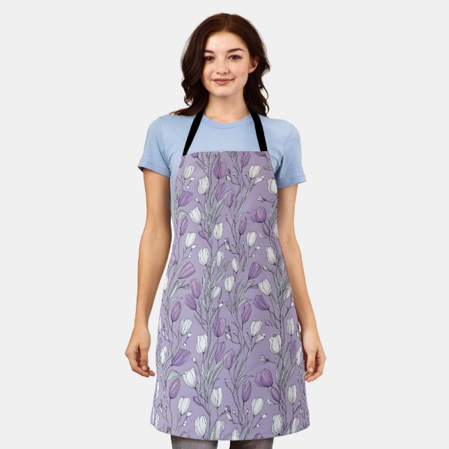 Modern Lavender Tulip White Floral Pattern Apron (Worn)