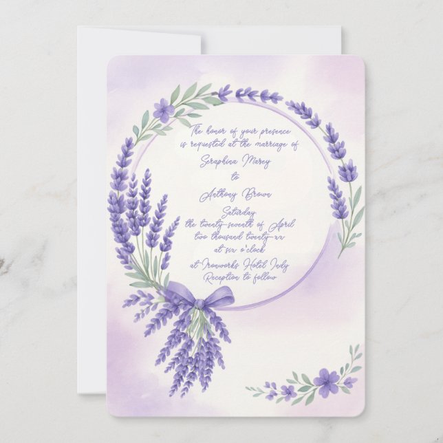 Modern Lavender Typography Wreath Wedding Invite (Front)