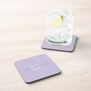 Modern Lavender White Script Monogram Coaster