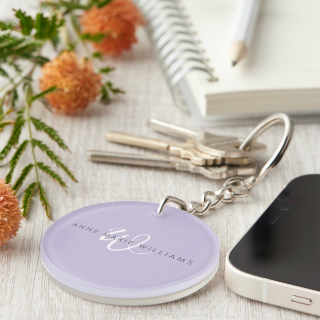 Modern Lavender White Script Monogram Key Ring (Front Right)