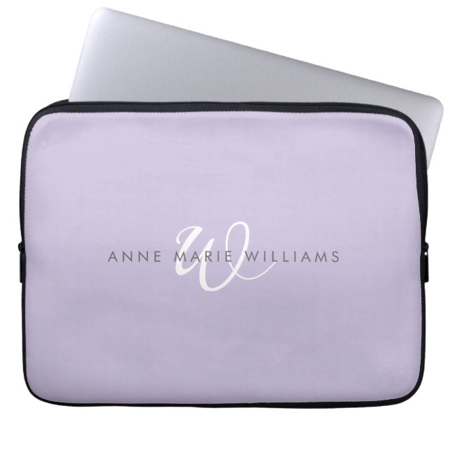 Modern Lavender White Script Monogram Laptop Sleeve (Front)