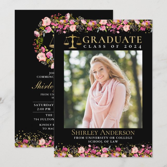 Modern Law School Graduation Pink Floral Photo  Invitation (Front/Back)