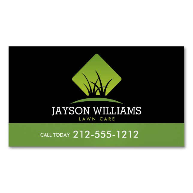 Modern Lawn Care/Landscaping Grass Logo Black Magnetic Business Card (Front)