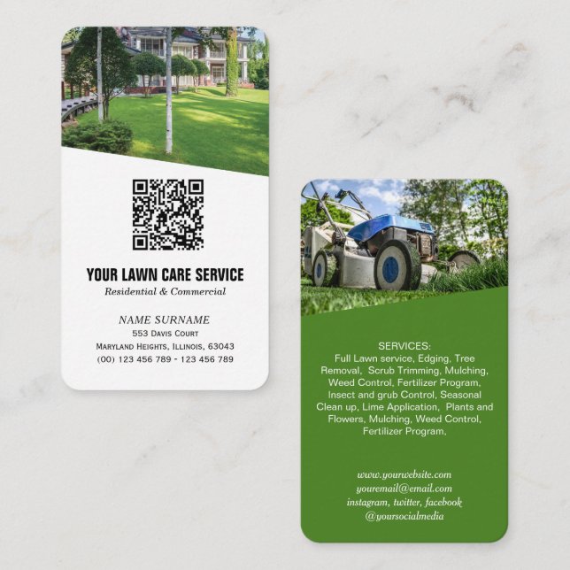 Modern Lawn care photo QR code  Business Card (Front/Back)