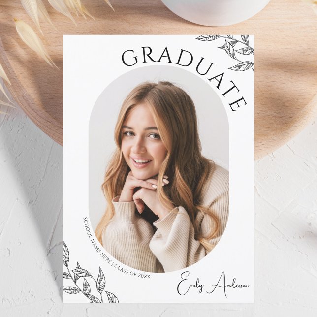 Modern Leaf Black White 2 Photo Graduation Party Invitation (Creator Uploaded)