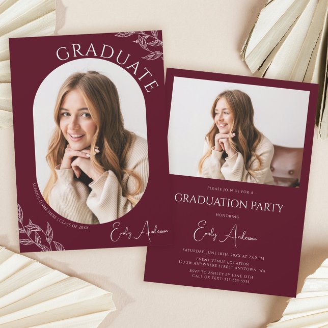Modern Leaf Burgundy 2 Photo Graduation Party Invitation (Creator Uploaded)