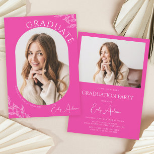 Modern Leaf Hot Pink 2 Photo Graduation Party Invitation