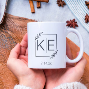 Modern Leaf Monogram Newlywed Couples Gift Coffee Mug
