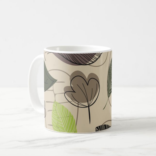 Modern Leaf Pattern In Green and Beige Coffee Mug (Front Left)