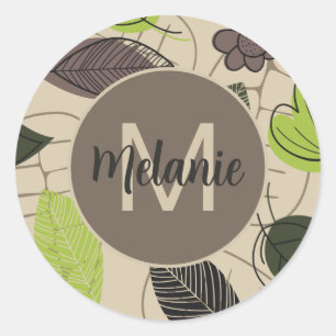 Modern Leaf Pattern In Green Beige Personalised Classic Round Sticker