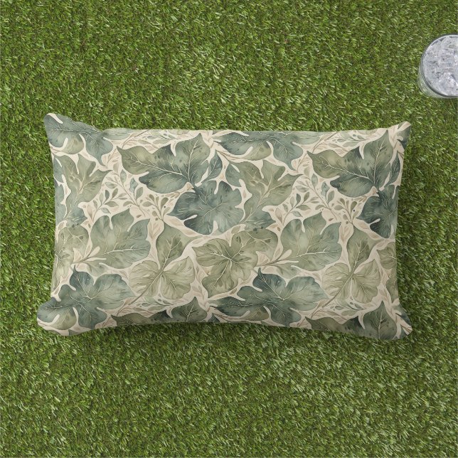 Modern Leaf Pattern in Sage and Teal Lumbar Cushion (Grass)