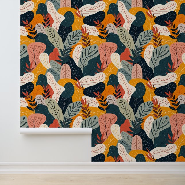 Modern Leaf Pattern in Terracotta & Teal Wallpaper (Application)
