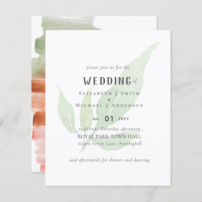 Modern Leaf Watercolor WEDDING Invitation (Front/Back)