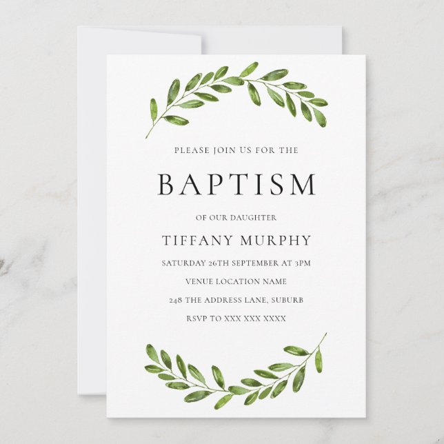 Modern Leaf Wreath Boy Girl Baptism Invitation (Front)