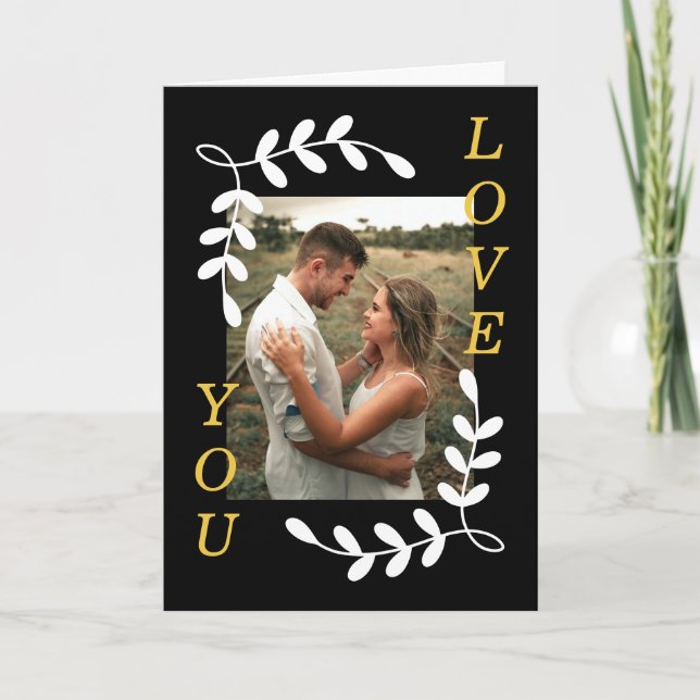 Modern Leaf Wreath Love You Photo Black Valentine Card (Front)