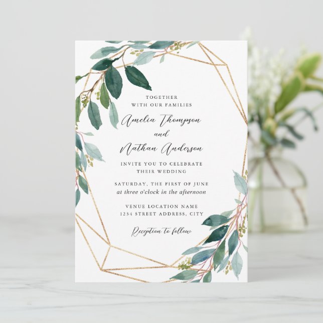 Modern Leaf Wreath Wedding Invitation (Standing Front)