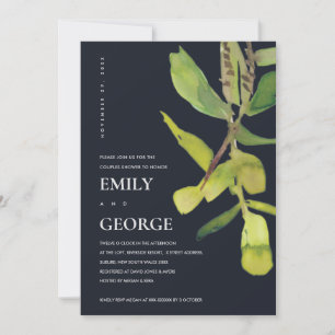 MODERN LEAFY CHIC BLACK FOLIAGE COUPLE SHOWER CARD