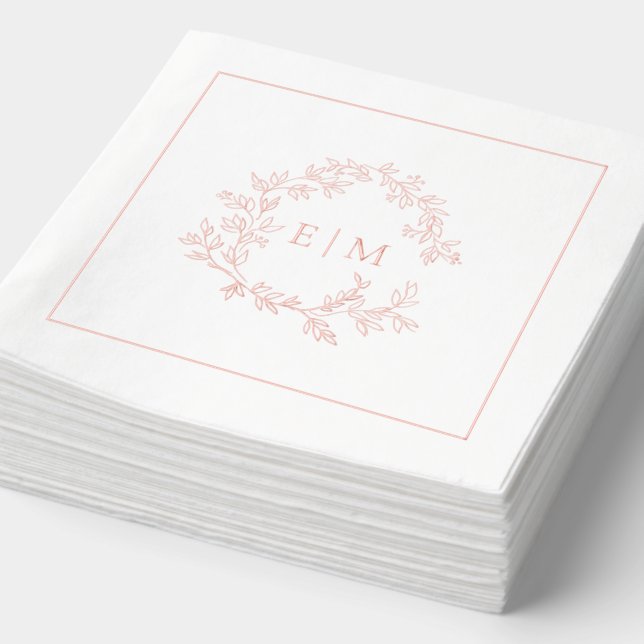 Modern Leafy Crest Monogrammed Wedding Rose Gold Foil Napkins (Detail)
