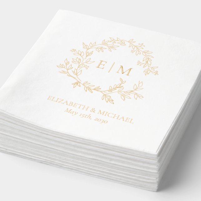 Modern Leafy Crest Simple Monogrammed Wedding Gold Foil Napkins (Detail)