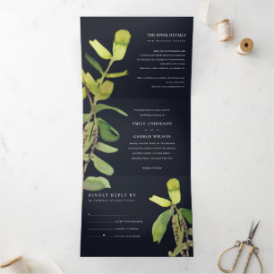 MODERN LEAFY FAUNA GREEN BLACK WATERCOLOR WEDDING Tri-Fold INVITATION