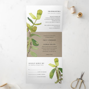 MODERN LEAFY FAUNA GREEN KRAFT WATERCOLOR WEDDING Tri-Fold INVITATION