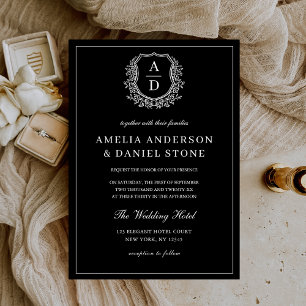 Modern Leafy Floral Crest Monogram Wedding Invitation