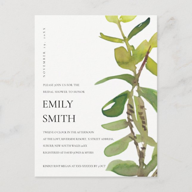 MODERN LEAFY WATERCOLOR FOLIAGE BRIDAL SHOWER POSTCARD (Front)