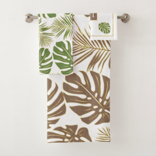 Modern leather brown and green tropical leaves bath towel set