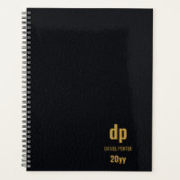 Modern Leather Look Black and Gold Monogrammed
