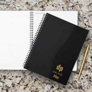 Modern Leather Look Black and Gold Monogrammed Planner