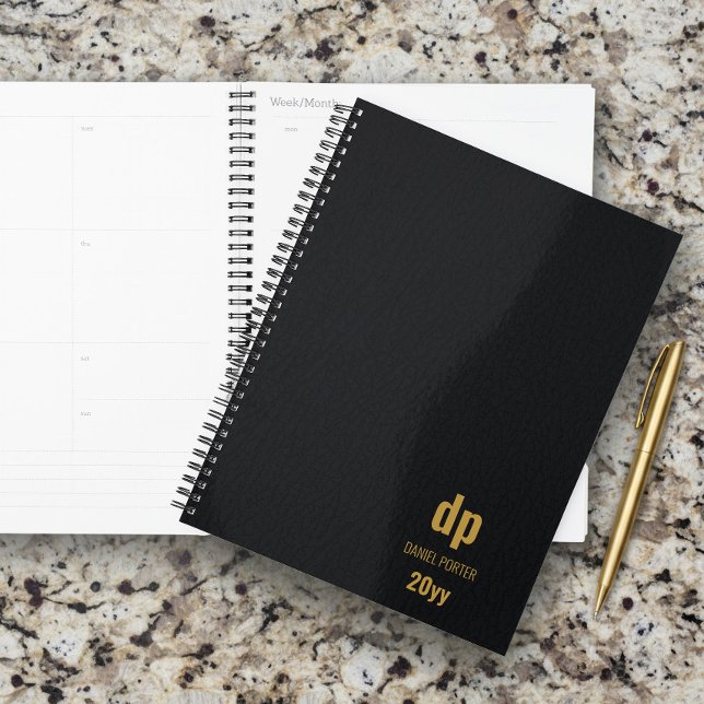 Modern Leather Look Black and Gold Monogrammed Planner (Personalized Planner by Darling & May)