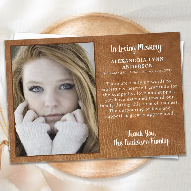 Modern Leather Sympathy In Memory Photo Funeral Thank You Card (Creator Uploaded)