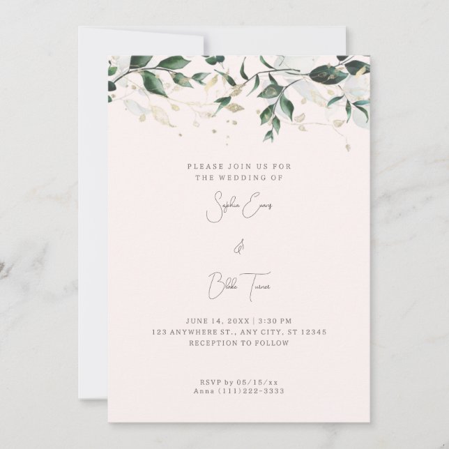 Modern Leaves and Vines Cream Coloured Wedding Invitation (Front)